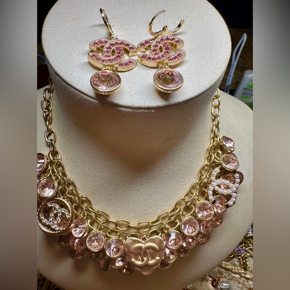SOLD! CHANEL Upcycled Pendants on Champagne Pink crystal necklace & earrings - Picture 1 of 8
